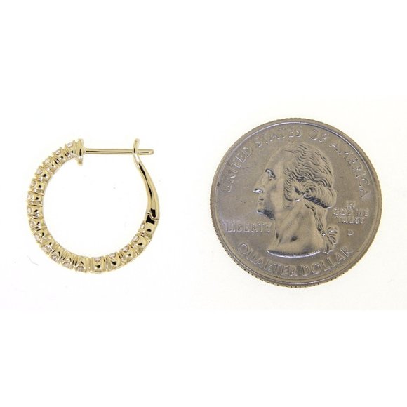 Inside Outside Diamond One Liner Fine Hoops Earrings Yellow Gold - Picture 3 of 6